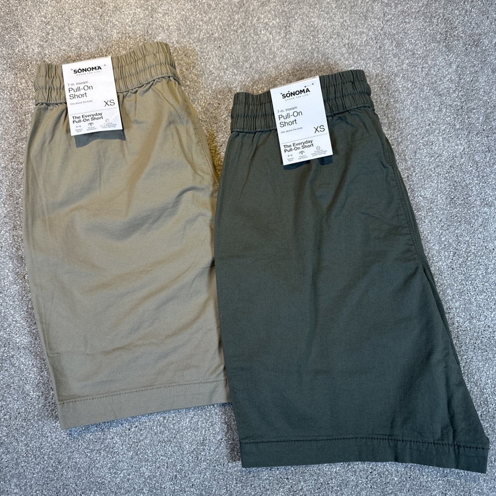 Sonoma 7" Pull-On Elastic Waist Stretch Olive Green Khaki Men XS Lot Of 2 New